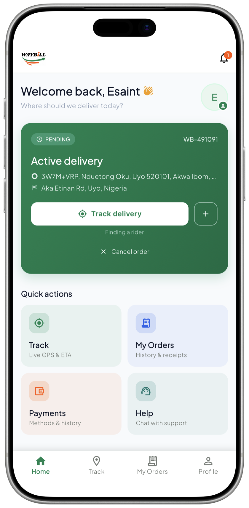 Waybill customer app — book and track a delivery